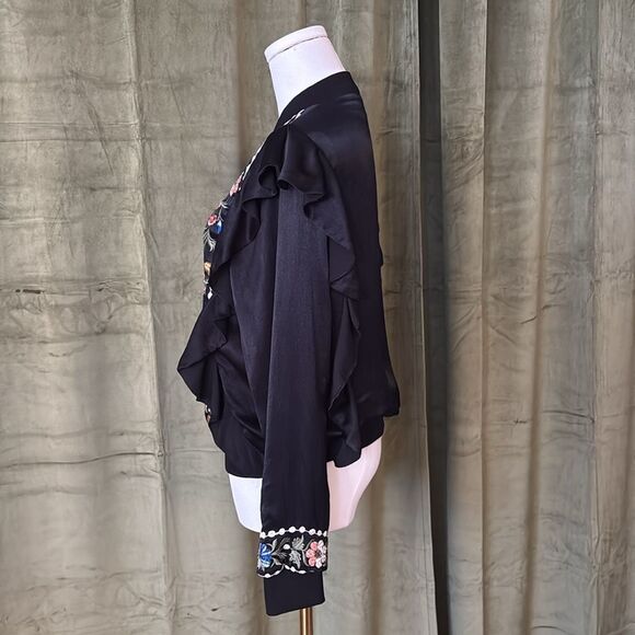 Zara viscose/cotton Floral Embroidered Black bomber Jacket, S - Picture 9 of 12